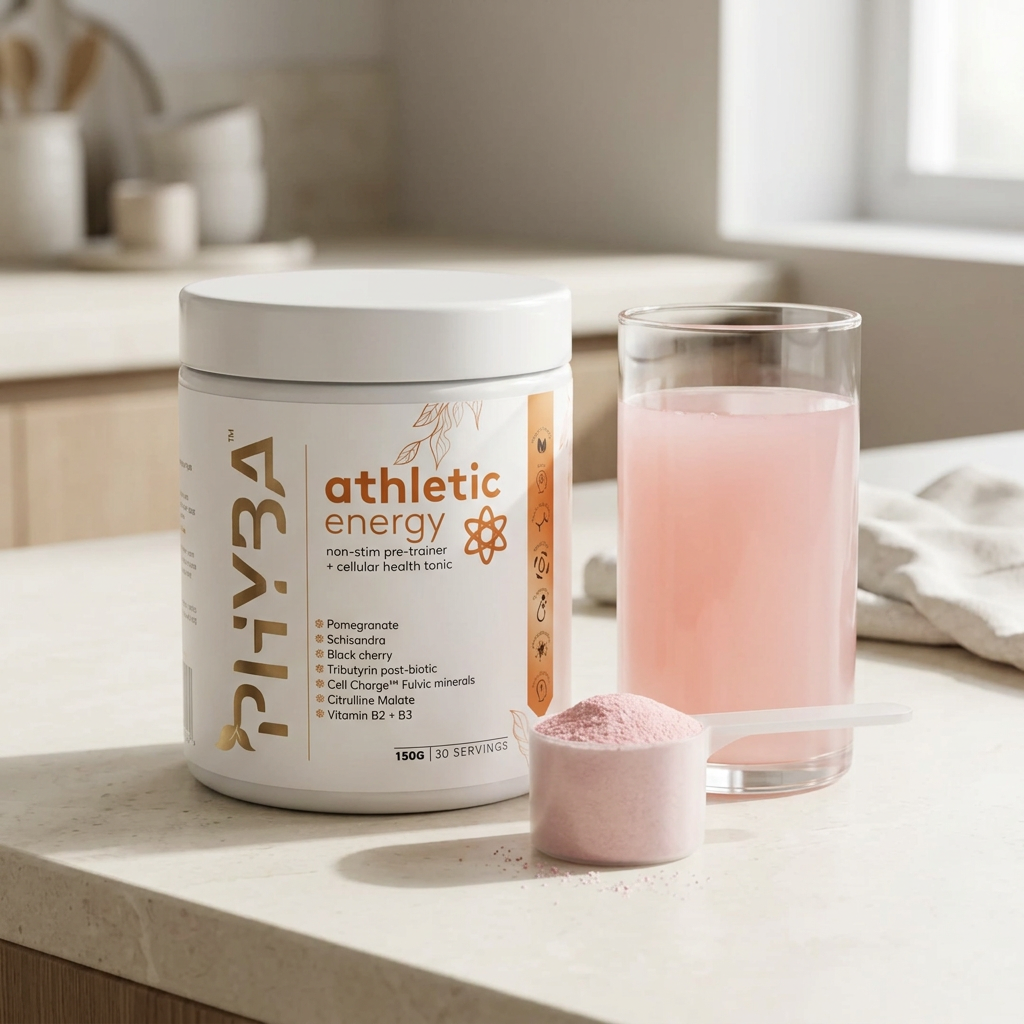 Athletic Energy pink powder scoop and pale pink drink