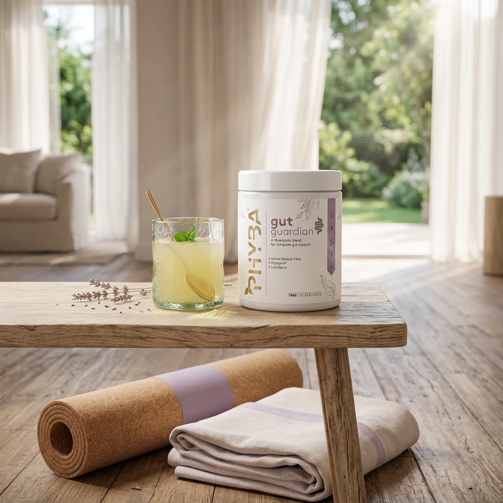 Gut Guardian with a pale yellow drink in a sunlit wellness setting